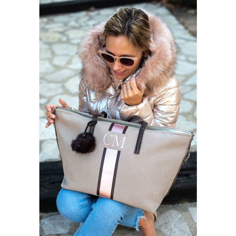 Bolso Marrón-Rosa Lona Beige